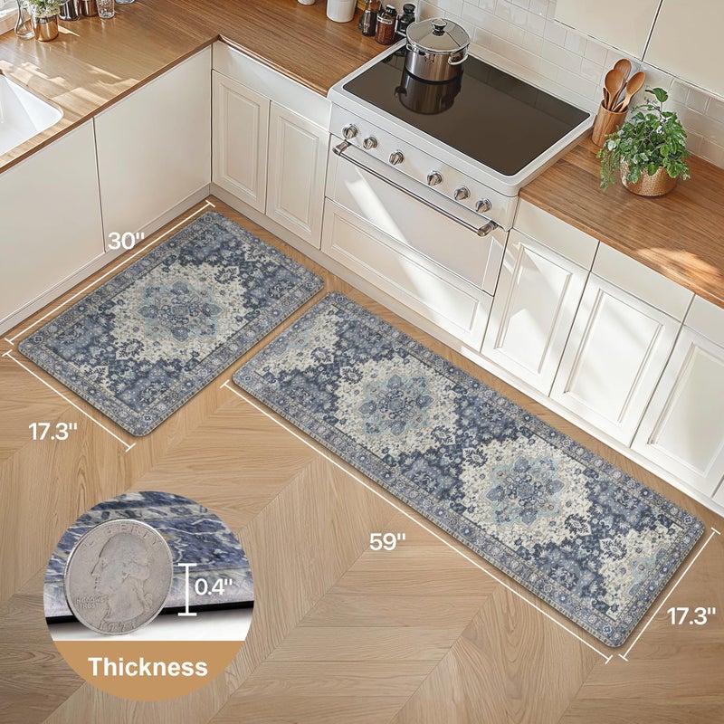 GENIMO Kitchen Mats for Floor 2PCs, Washable Anti Fatigue Mat for Cushioned, 17.3"x59"+17.3"x30", Waterproof Kitchen Rugs, Non Slip Comfort Standing Mat Rug for Home, Sink, Laundry, Center Blue - Image 2