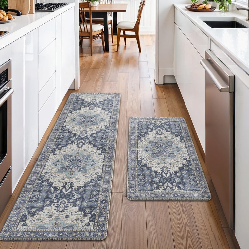 GENIMO Kitchen Mats for Floor 2PCs, Washable Anti Fatigue Mat for Cushioned, 17.3"x59"+17.3"x30", Waterproof Kitchen Rugs, Non Slip Comfort Standing Mat Rug for Home, Sink, Laundry, Center Blue - Image 3
