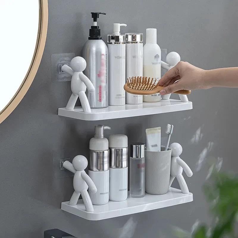 CVM ENTERPRISE Wall Hanging Bathroom Storage Human Hook Rack Floating Wall Ledge Shelf Simple Wall Mounted Bookshelf Home Office Shelves Plastic GlossyWhite
