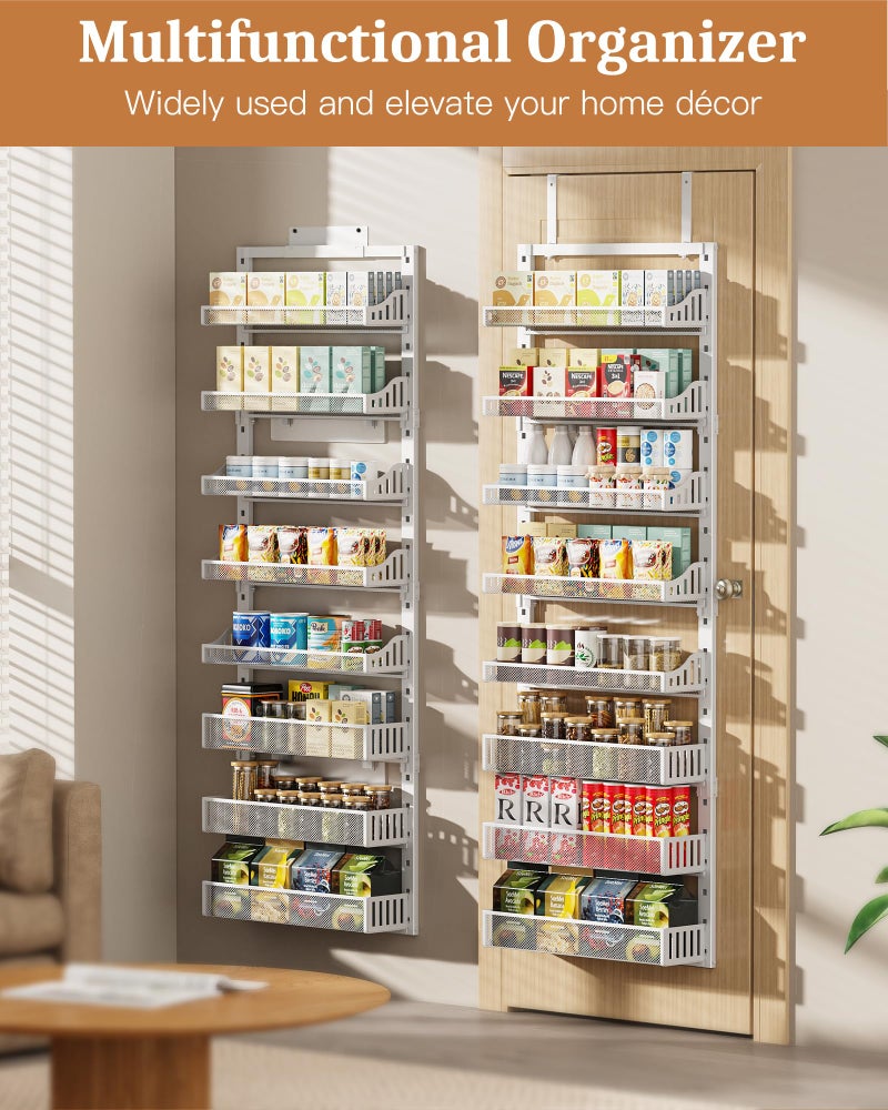 POKIPO Over the Door Pantry Organizer 8-Tier, Large Metal Door Spice Rack with Adjustable Basket, 2 in 1 Wall Mount or Hanging Heavy-Duty Pantry Door Storage Shelf for Kitchen and Bathroom, White - Image 4