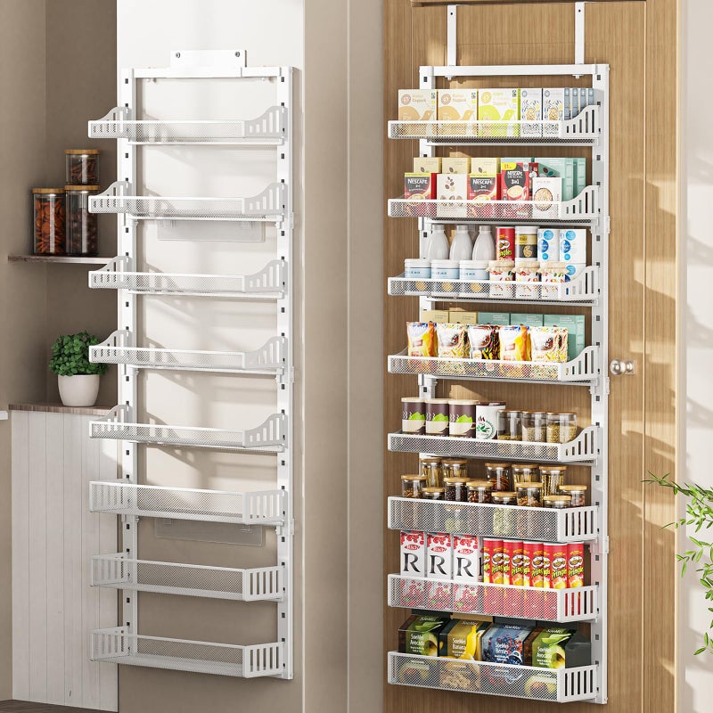POKIPO Over the Door Pantry Organizer 8-Tier, Large Metal Door Spice Rack with Adjustable Basket, 2 in 1 Wall Mount or Hanging Heavy-Duty Pantry Door Storage Shelf for Kitchen and Bathroom, White - Image 1