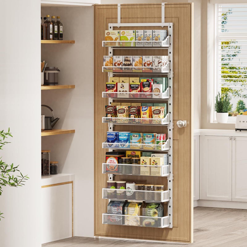 POKIPO Over the Door Pantry Organizer 8-Tier, Large Metal Door Spice Rack with Adjustable Basket, 2 in 1 Wall Mount or Hanging Heavy-Duty Pantry Door Storage Shelf for Kitchen and Bathroom, White - Image 2