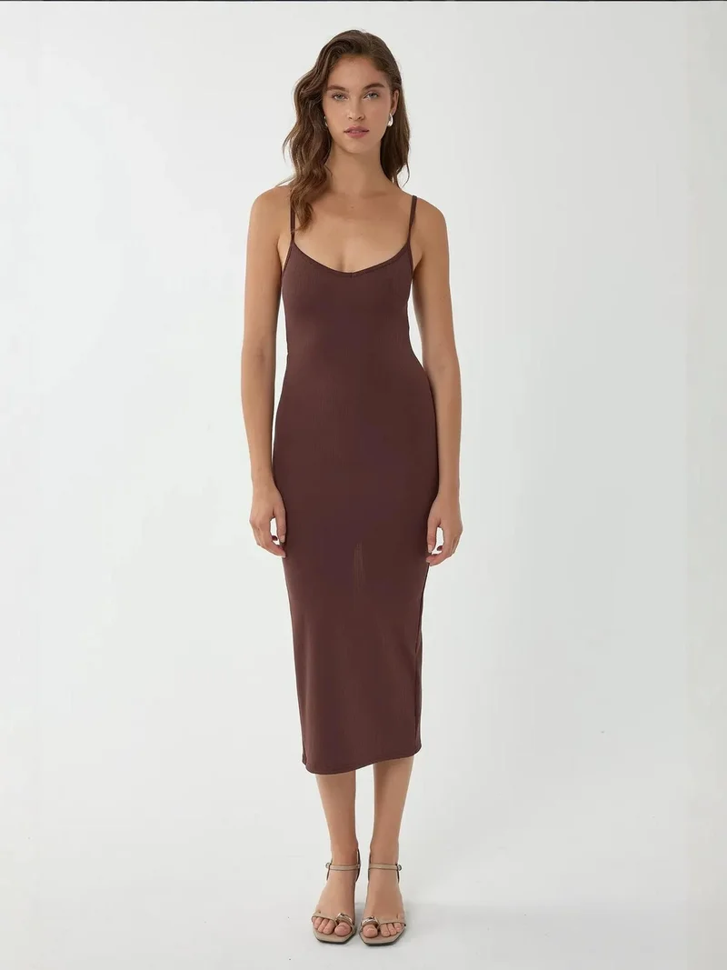 HICCUP V-Neck Bodycon Midi Dress with Thin Straps