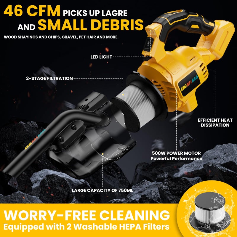 DEMIMA Cordless Vacuum for Dewalt 20V Battery, 5 in 1 Lightweight Handheld Vacuum Cleaner with 500W Powerful Motor, 46 CFM Portable Hand Vacuum with Filtration HEPA for Floor, Carpet(Battery Not Included) - Image 4
