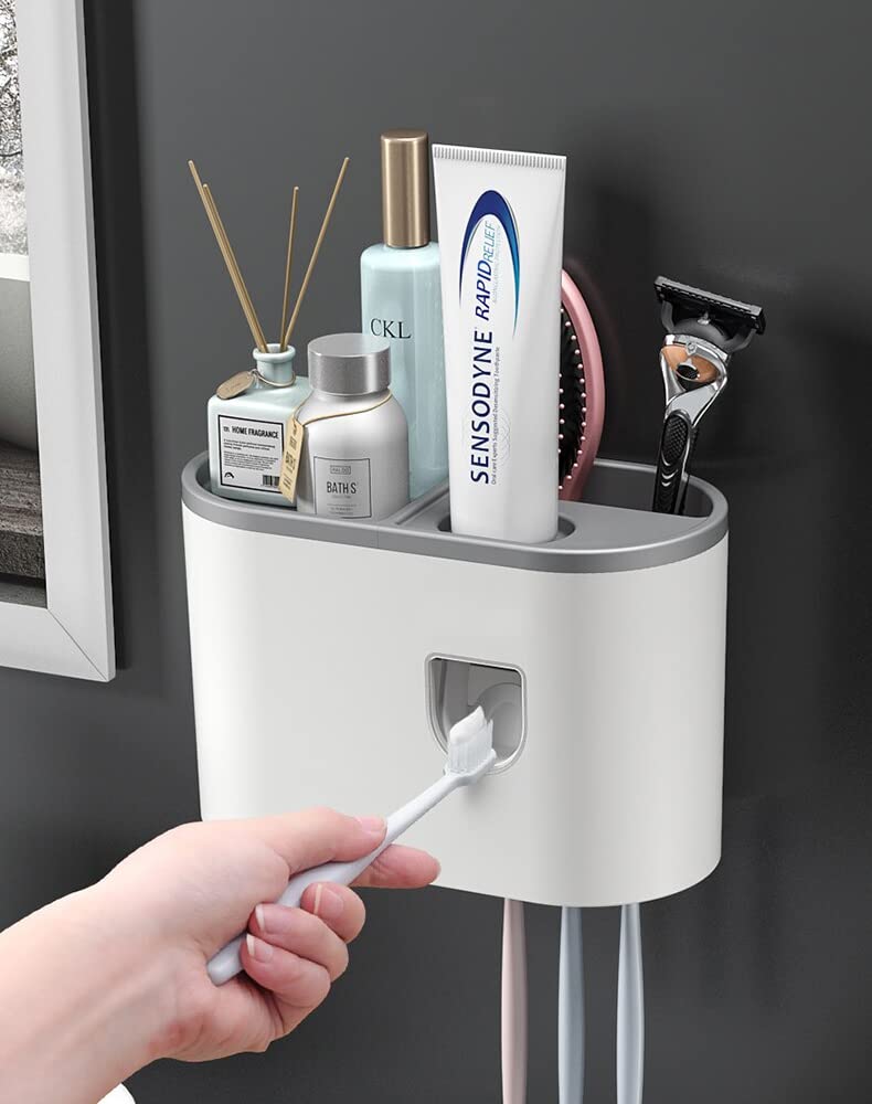 Evona Plastic Wall Mounted Toothbrush Holder Automatic Toothpaste Squeezer Dispenser With Magnetic Single Cup Storage Rack Bathroom Accessories, White - Image 2
