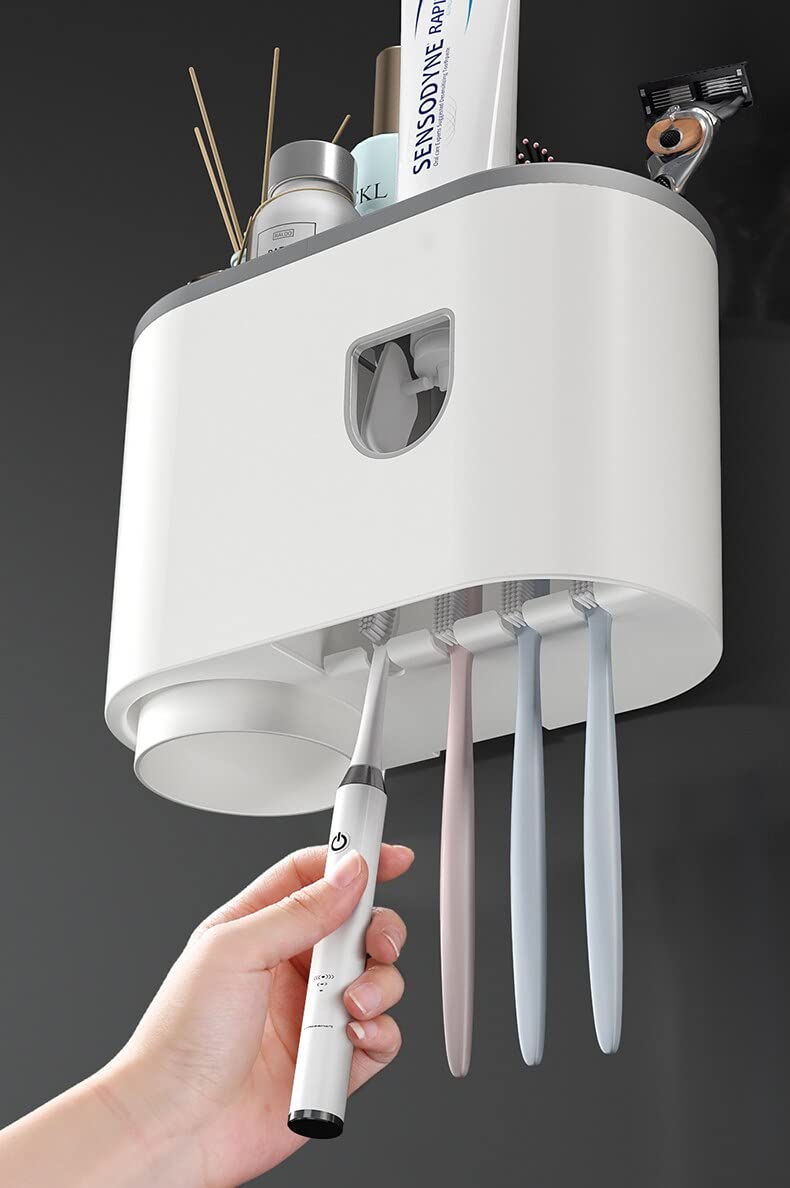 Evona Plastic Wall Mounted Toothbrush Holder Automatic Toothpaste Squeezer Dispenser With Magnetic Single Cup Storage Rack Bathroom Accessories, White - Image 4