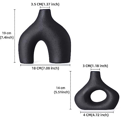 CEMABT Black Ceramic Vase Set of 2 for Modern Minimalist Bohemian Decor，Round Matte Donut Vases for Pampas Grass-Perfect for Living Room, Dining Table, Office Bedroom Shelf Decor Entryway, Console - Image 2