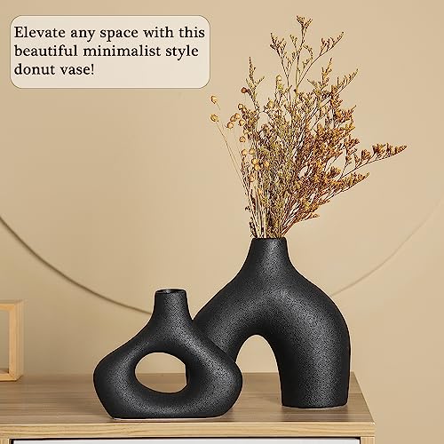 CEMABT Black Ceramic Vase Set of 2 for Modern Minimalist Bohemian Decor，Round Matte Donut Vases for Pampas Grass-Perfect for Living Room, Dining Table, Office Bedroom Shelf Decor Entryway, Console - Image 4