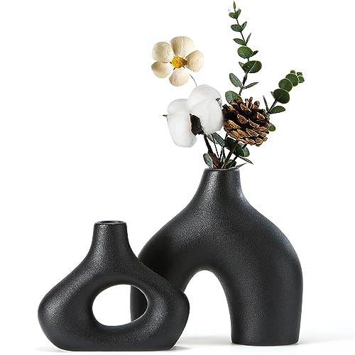 CEMABT Black Ceramic Vase Set of 2 for Modern Minimalist Bohemian Decor，Round Matte Donut Vases for Pampas Grass-Perfect for Living Room, Dining Table, Office Bedroom Shelf Decor Entryway, Console - Image 1
