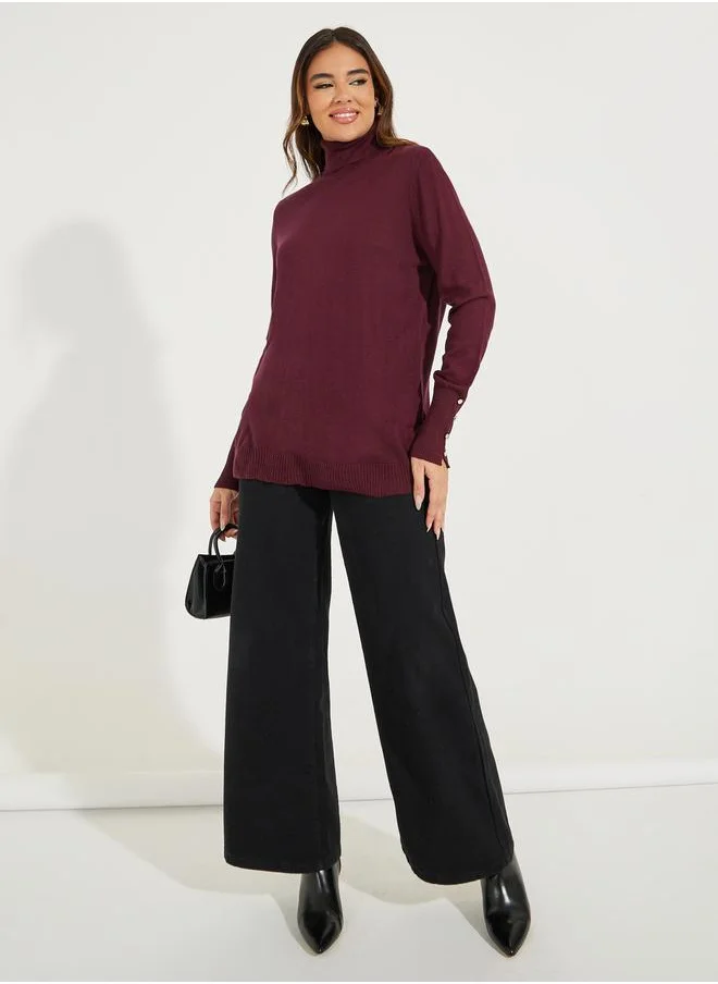 Styli Slim Fit Turtle Neck Sweater with Button Cuff Detail