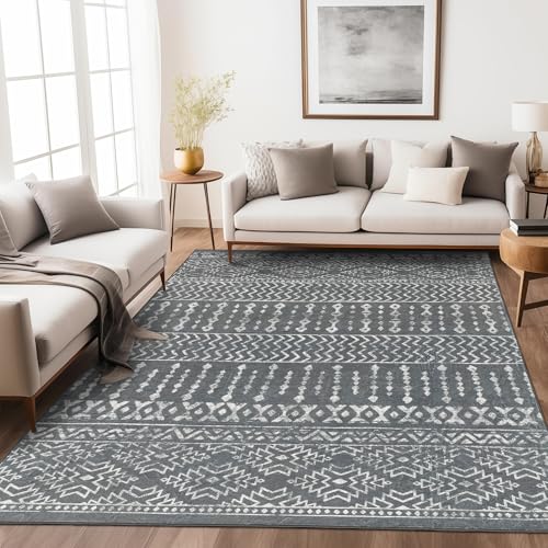 Art&Tuft Area Rug 5x7, Super Soft Ultra-Thin Moroccan Washable Rug, Anti-Slip Backing Rugs for Living Room, Foldable Geometric Machine Washable Area Rug(5'x7', Grey) - Image 1