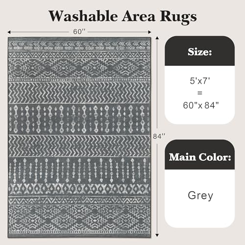 Art&Tuft Area Rug 5x7, Super Soft Ultra-Thin Moroccan Washable Rug, Anti-Slip Backing Rugs for Living Room, Foldable Geometric Machine Washable Area Rug(5'x7', Grey) - Image 2