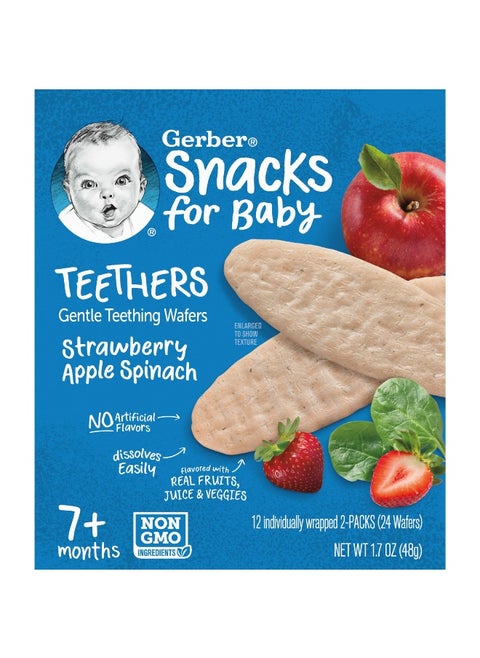 Gerber, Snacks for Baby, Teethers, Gentle Teething Wafers, 7+ Months, Strawberry Apple Spinach, 12 Individually Wrapped 2-Packs, 2 Wafers Each
