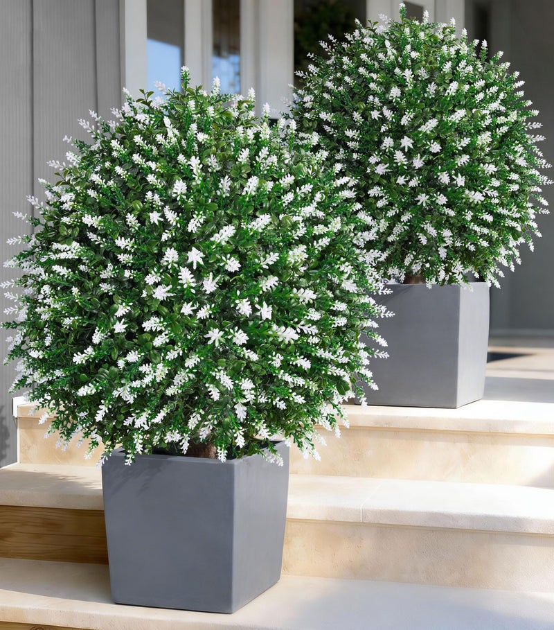 HyeFlora 26'' Artificial Boxwood Topiary Trees with Lavender Flowers 2 Pack Fake Plants for Outdoor Indoor Artificial Shrubs with Metal Ground Spike UV Resistant Fake Bushes for Front Porch Garden, White - Image 1