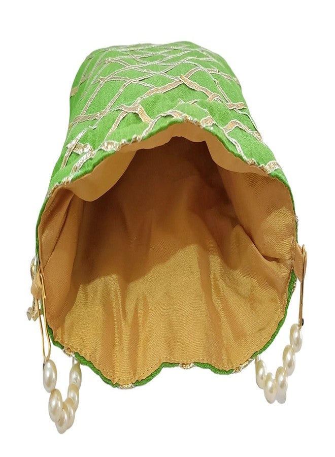 DUCHESS Women's Gota Patti Green Potli Bag Purse with Pearl Handle - Image 5