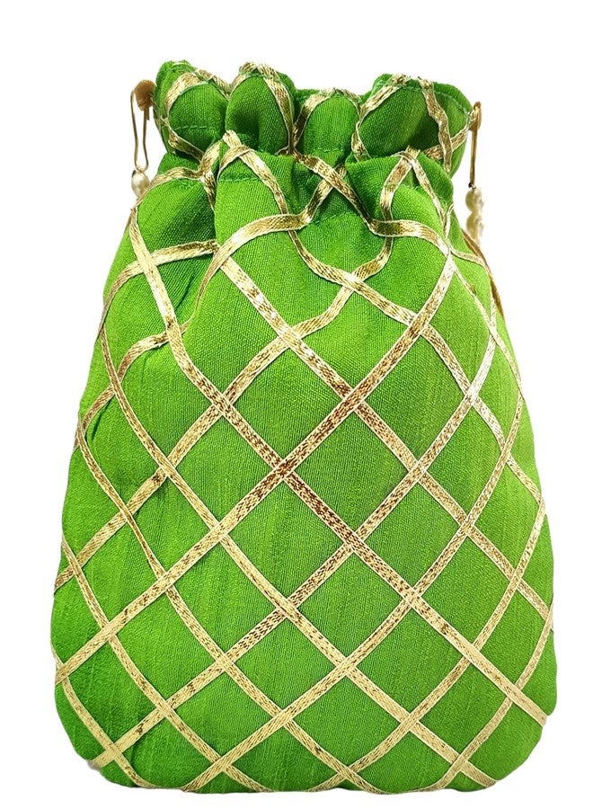 DUCHESS Women's Gota Patti Green Potli Bag Purse with Pearl Handle - Image 3