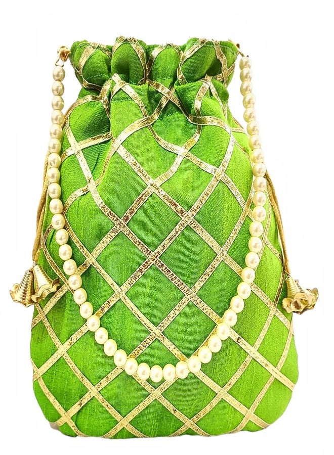 DUCHESS Women's Gota Patti Green Potli Bag Purse with Pearl Handle - Image 1