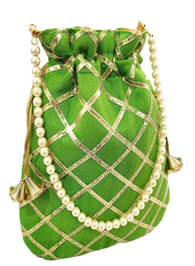 DUCHESS Women's Gota Patti Green Potli Bag Purse with Pearl Handle - Image 2