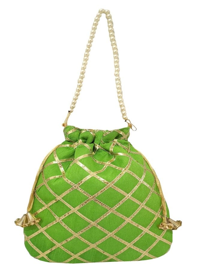 DUCHESS Women's Gota Patti Green Potli Bag Purse with Pearl Handle - Image 4