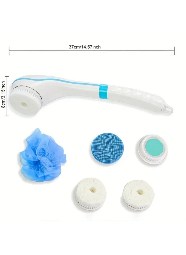 Denx - Electric Shower Body Brush, 5 in 1 Back Brush Long Handle for Shower Brush, Used for Body Cleaning Exfoliating Massage, Body Scrubber with Rotating Brush Heads - Blue - Image 1