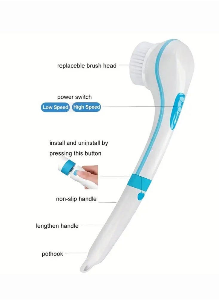 Denx - Electric Shower Body Brush, 5 in 1 Back Brush Long Handle for Shower Brush, Used for Body Cleaning Exfoliating Massage, Body Scrubber with Rotating Brush Heads - Blue - Image 1