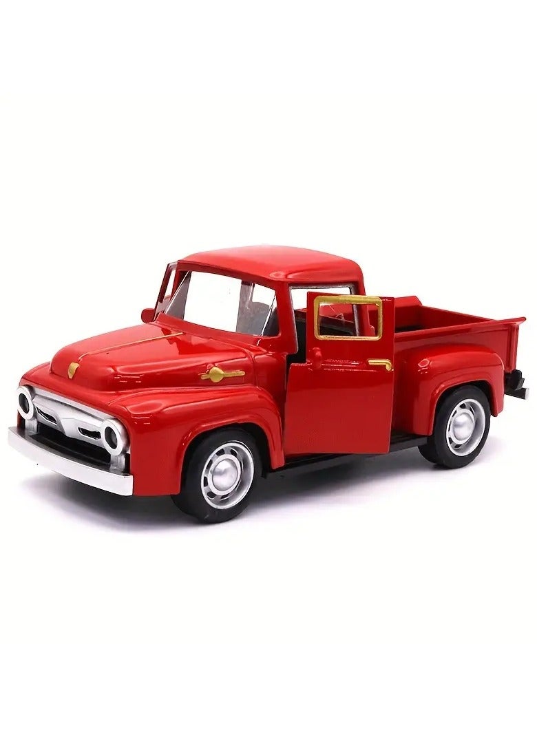 Old metal pickup truck model toy car red color with gold eyeliner realistic simulation size 1:32 beautiful looking classic car useful for playing, room or office decoration or decoration on the shelves of the hair house or professional photography for photo backgrounds or to make an old popular model of heritage - Image 1