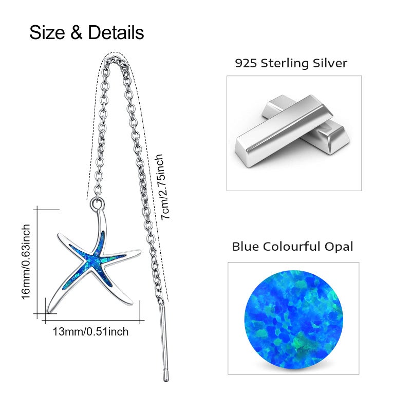 Cuoka Starfish Chain Earrings for Women, 925 Sterling Silver With Blue Opal Fish Drop Long Threader Earring Hypoallergenic Nautical Hawaiian Sea Beach Dangle Jewelry - Image 3