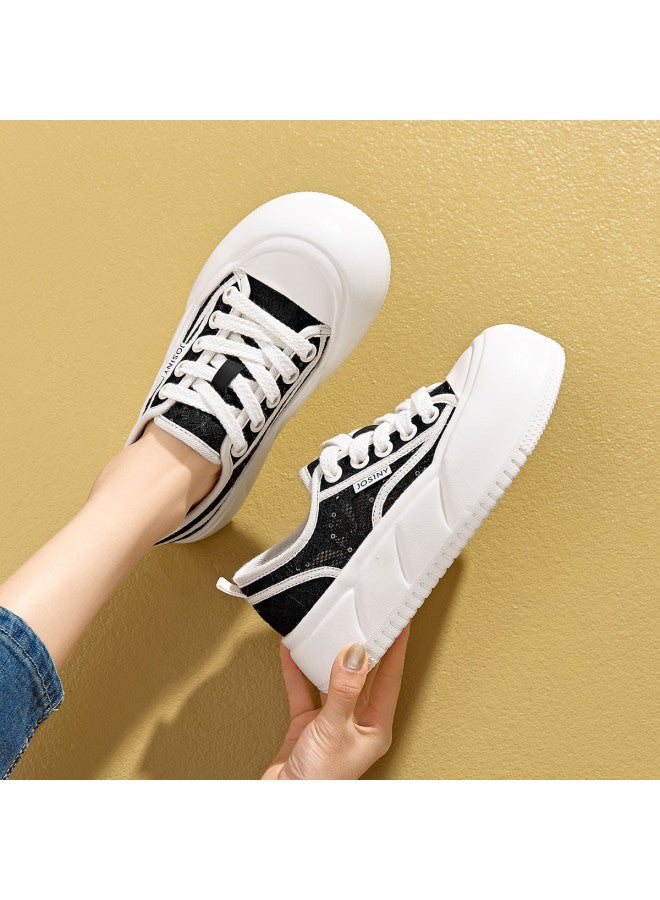 Josiny Counter Hit】women's Casual Shoes, Versatile Breathable Lace Mesh White Sneakers With Thick Platform, School Style Plimsolls - Image 4
