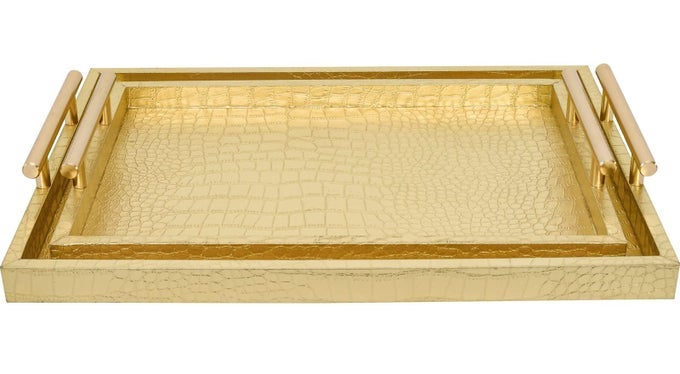 Set of 2 Modern Elegant Large Wood Serving Tray Rectangle Decorative Tray Ottoman Tay Coffee Table Tray Gold Crocodile Leather with Gold Polished Metal Handles