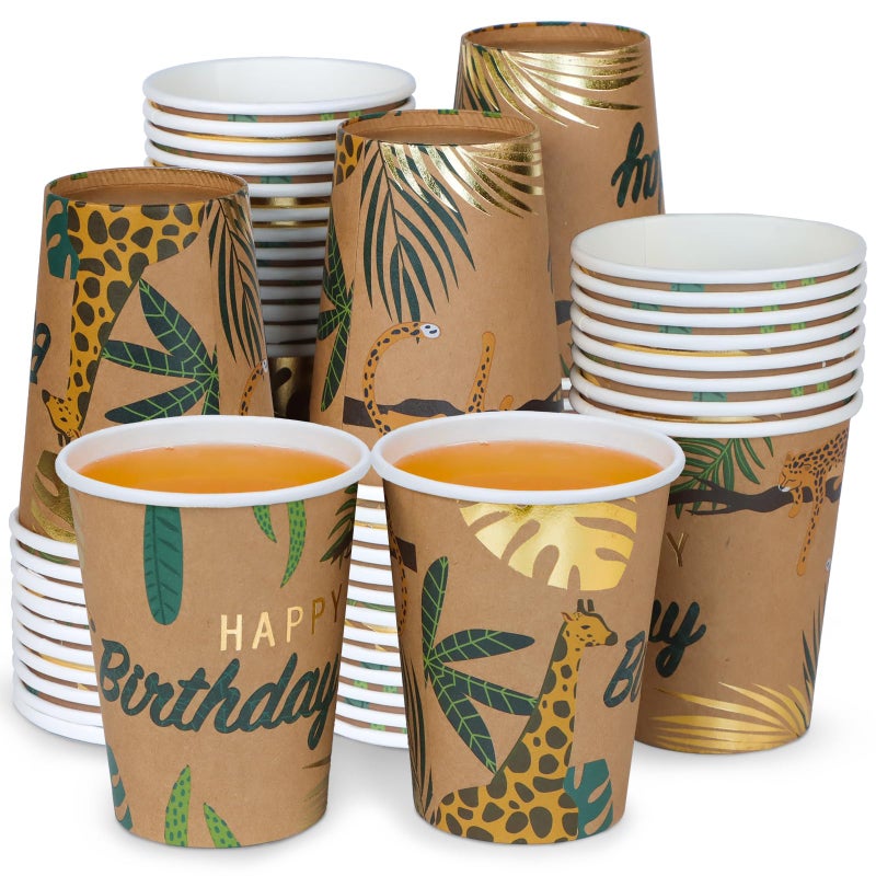 DYLIVeS Animal Birthday Paper Cups Jungle Safari Disposable Cups Zoo Wild Woodland Summer Tropical Cups Brown and Gold Foil Drink Cups Kids Party Cups for Birthday Party Supplies 9 OZ 50 Count