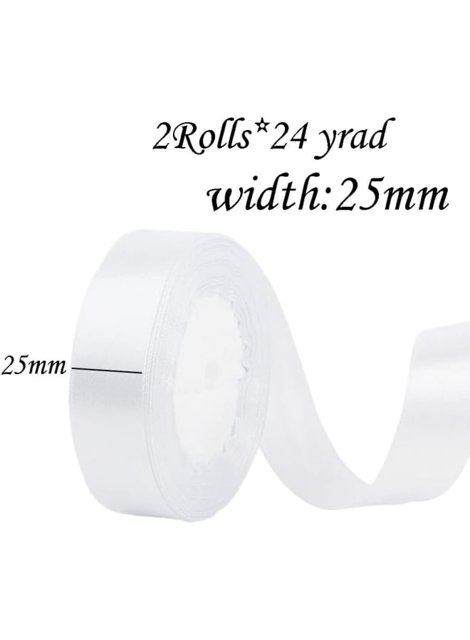 2 x 25mm Wide White Ribbon Thick White Satin Ribbon Wedding Car Ribbon 22m, 1 inch Thick White Ribbon for Gift Wrapping Wedding Car Cake Ribbon Hair Bow Florist Bouquet Craft Decoration Ribbon - Image 2