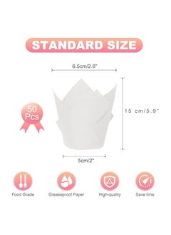 erorex 50 Pcs Large size White Tulip Baking Cups 5cm/2" Base diameter x 15cm/5" Wall height Grease-proof paper baking cupcake Muffin Wraps Cases Premium Recyclable Paper  - Image 2