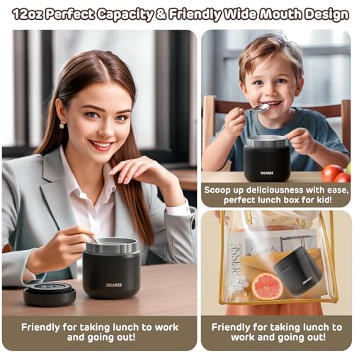 JSCARES 12oz Kids Insulated-Food-Jars for Hot-Food, Wide Mouth Soup Thermo Food Jar Insulated Thermal Lunch Container Termo para Comida Caliente Vacuum Thermoses for Keeping Food Warm-Black - Image 2