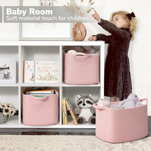 Goodpick Pink Storage Baskets for Organizing, Woven Rope Baskets for Shelves, Baby Basket for Nursery, Toy Storage Bins, Decorative Empty Gift Basket, 13" x 10" x 9" - Image 3