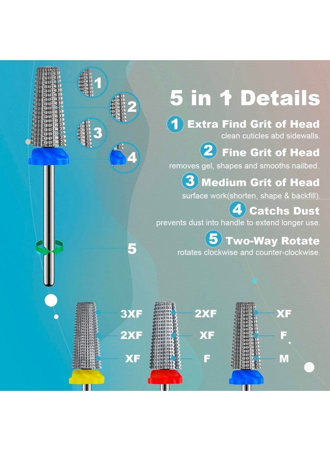 Depvko 3Pcs Carbide 5 in 1 Nail Drill Bit Set- Two Way Rotate Use for Both Left and Right Handed- XF， F， M 3/32 Inches Brocas Para Drill Nails for Acrylic Nail Gel Fast Remove - Image 3