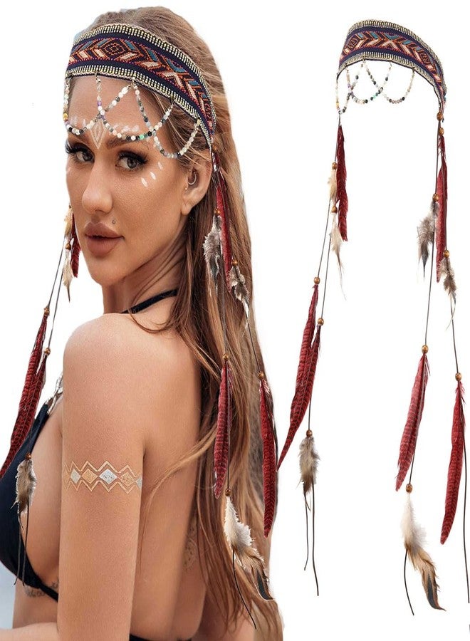 GORTIN Boho Feather Headband Indian Hippie Headbands White Gypsy Headpiece Hair Band Adjust Feather Headdress Bohemian Festival Costumes Hair Accessories for Women and Girls (Type B) - Image 1