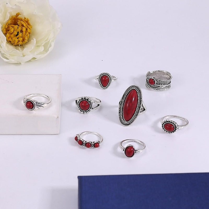 ANGLEQUEEN Red Ring Accessorie Western Ring Set for Women Country Concert Outfits Vintage Turquoise Rings Boho Jewelry Bohemian Cowboy Cowgirl Christmas Stocking Stuffers Halloween - Image 4