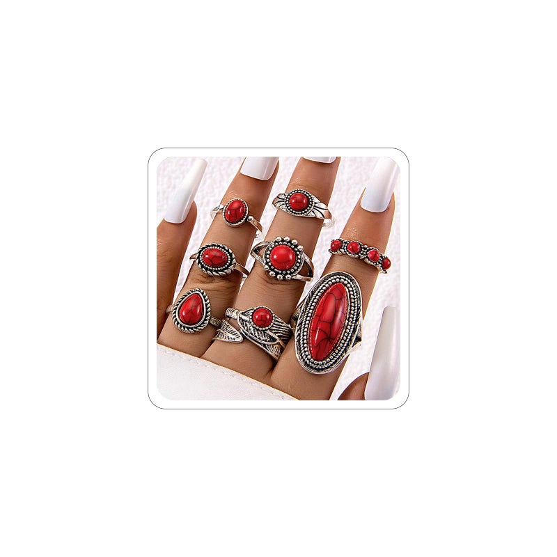 ANGLEQUEEN Red Ring Accessorie Western Ring Set for Women Country Concert Outfits Vintage Turquoise Rings Boho Jewelry Bohemian Cowboy Cowgirl Christmas Stocking Stuffers Halloween - Image 1