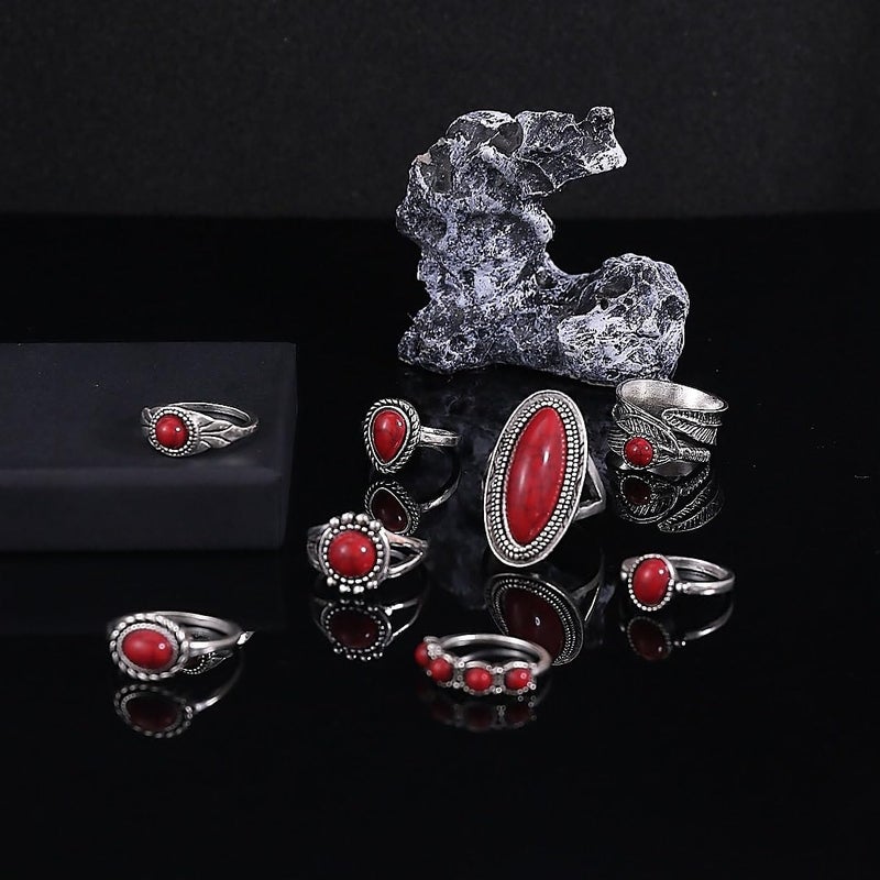 ANGLEQUEEN Red Ring Accessorie Western Ring Set for Women Country Concert Outfits Vintage Turquoise Rings Boho Jewelry Bohemian Cowboy Cowgirl Christmas Stocking Stuffers Halloween - Image 5