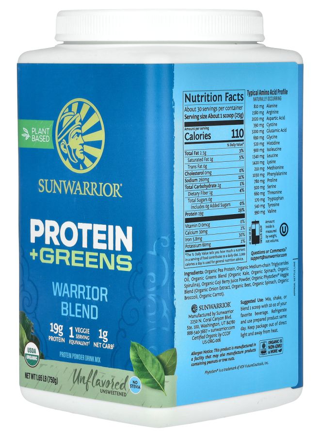 Sunwarrior Warrior Blend Protein + Greens Unflavored 1.65 lb (750 g) - Image 2