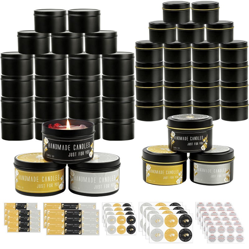 CONNOO 48 Pack Candle Tins 24pcs 8oz 24pcs 4oz Matte Black Jars with Lids for Making Candles Bulk Empty Containers with Sticky Warning Labels for Candle Making Storage and Gift - Image 2