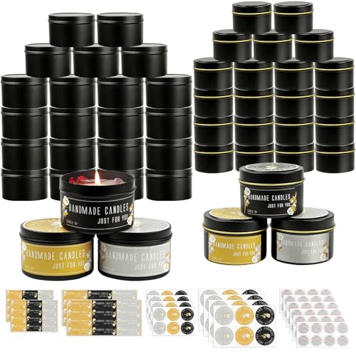 CONNOO 48 Pack Candle Tins 24pcs 8oz 24pcs 4oz Matte Black Jars with Lids for Making Candles Bulk Empty Containers with Sticky Warning Labels for Candle Making Storage and Gift - Image 1