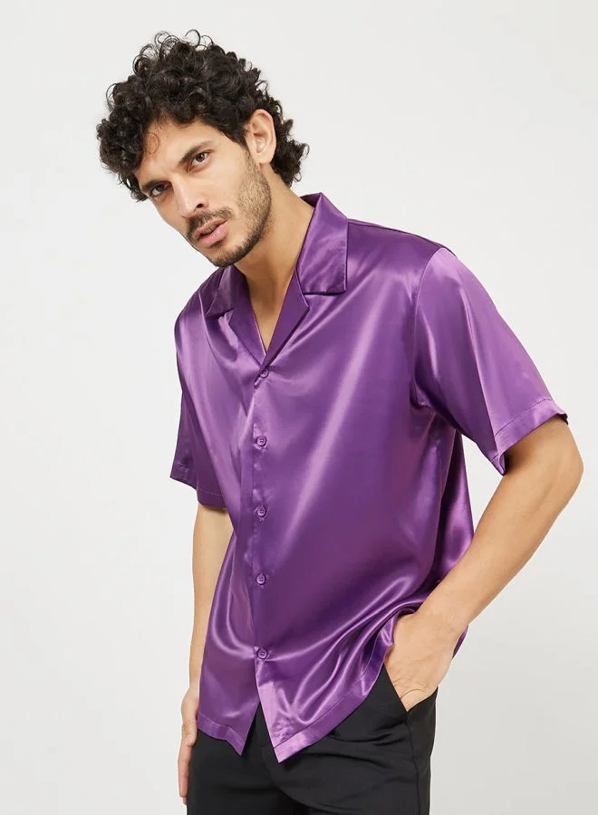 Styli Cuban Collar Detail Satin Shirt with Buttons