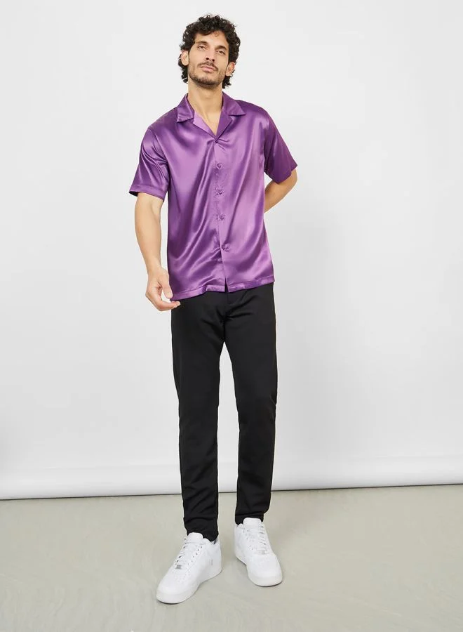 Styli Cuban Collar Detail Satin Shirt with Buttons