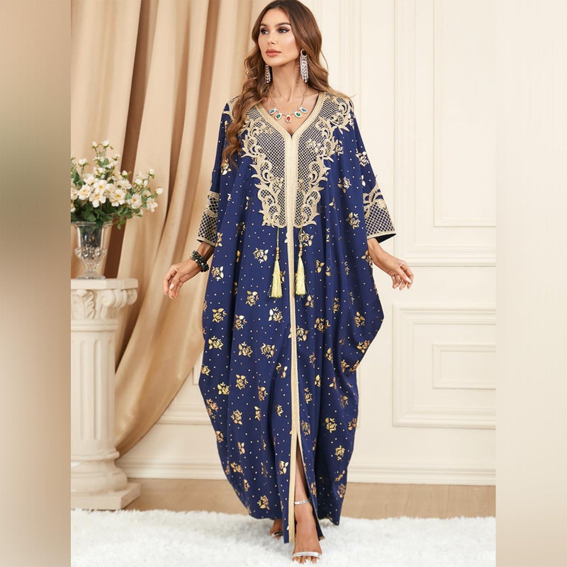 IWEMEK فساتين القفطان المغربي للنساء - عباءة رسمية مزخرفة بدبي - أزرق داكن - Image 3