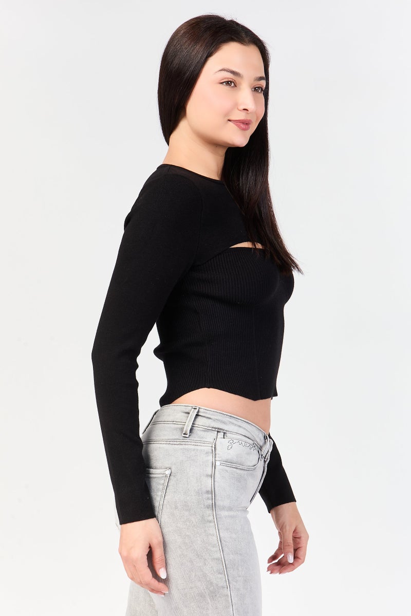 promod Women Crew Neck Ribbed Sweater, Black - Image 3