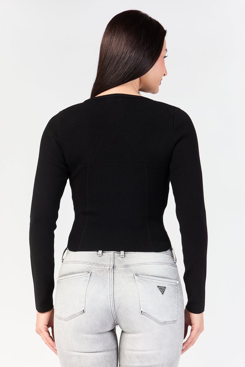 promod Women Crew Neck Ribbed Sweater, Black - Image 4