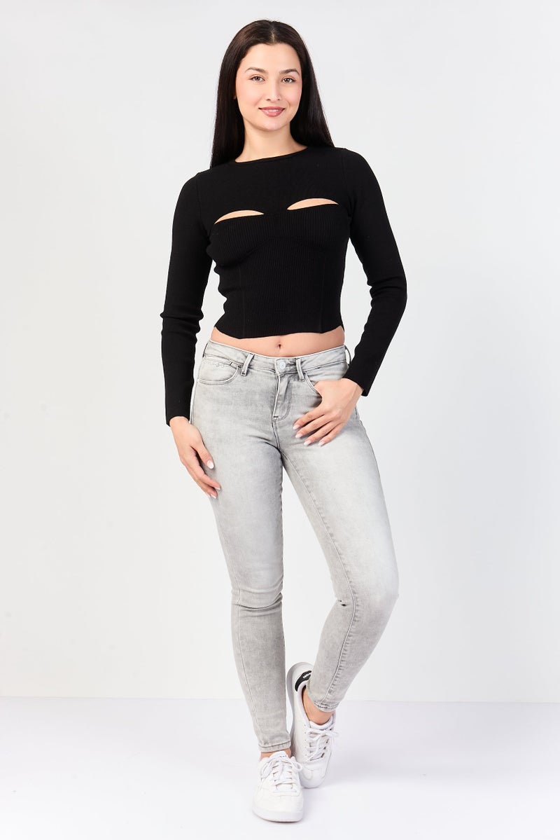 promod Women Crew Neck Ribbed Sweater, Black - Image 2
