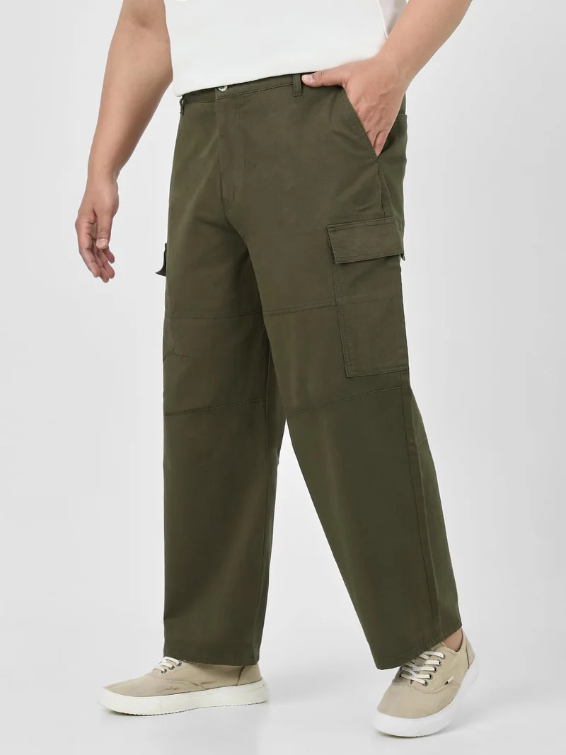 Urbano Fashion Urbano Plus Men's Olive Loose Baggy Fit Solid Cargo Chino Pant with 6 Pockets Non-Stretchable