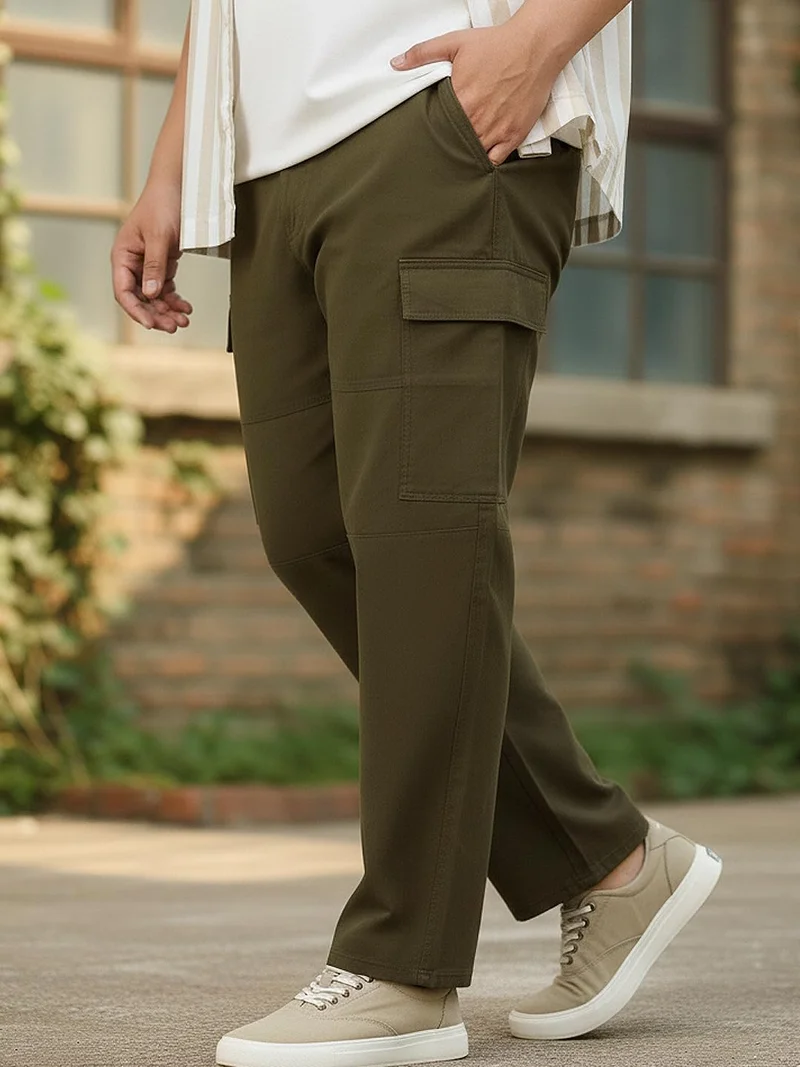 Urbano Plus Men's Olive Loose Baggy Fit Solid Cargo Chino Pant with 6 Pockets Non-Stretchable